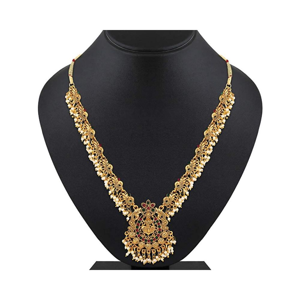 Shining Diva Fashion Latest Temple Design Gold Plated Traditional Pearl Necklace Jewellery Set for Women