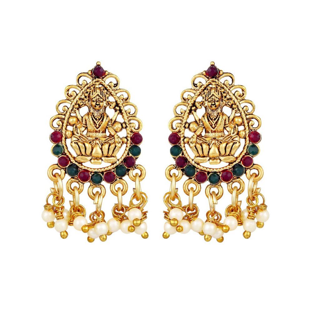 Shining Diva Fashion Latest Temple Design Gold Plated Traditional Pearl Necklace Jewellery Set for Women