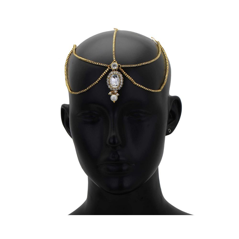 Shreyadzines Bollywood Wedding Golden Metal CZ Stone Matha Patti/Head Accessory