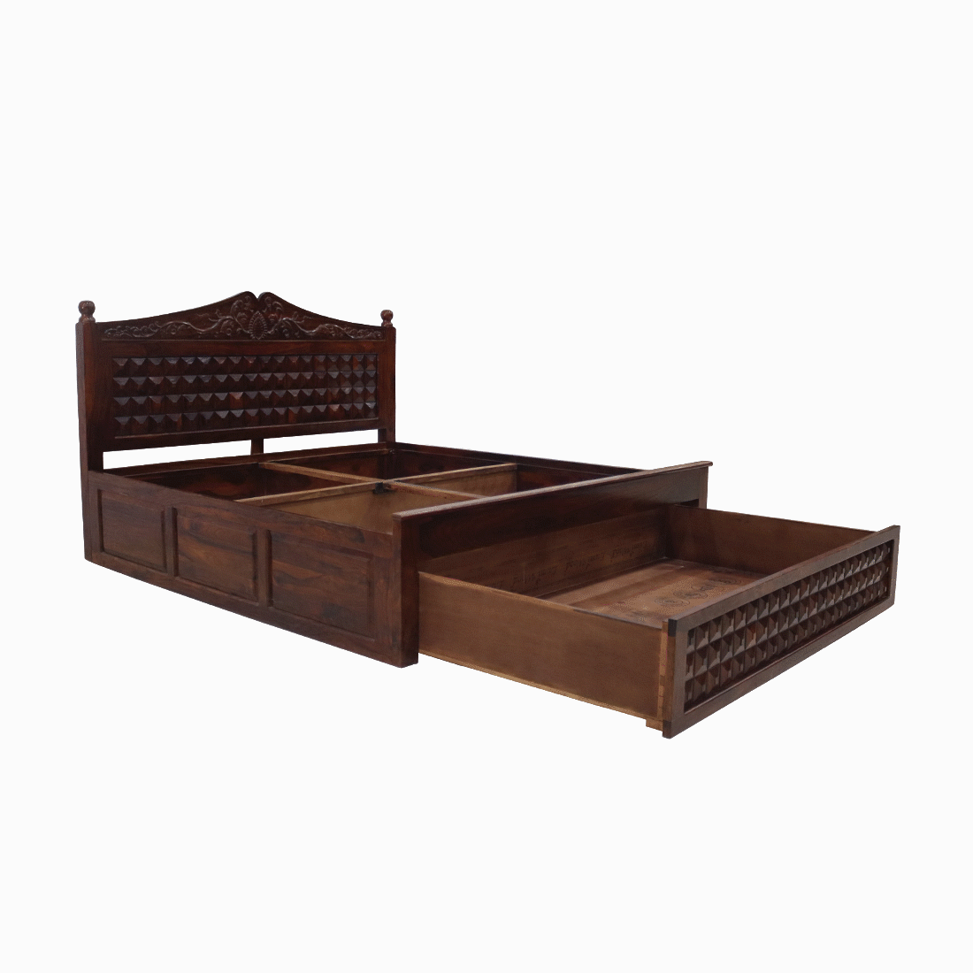 Queen Size Bed Teak Wood Finish - Carvin Head Box Pattam Box Storage