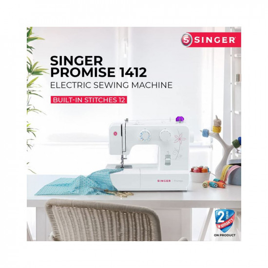 Singer Promise 1412 Automatic Zig-Zag Electric Sewing Machine, 12 Built-in Stitches, 18 Stitch Functions (White) Metal Frame