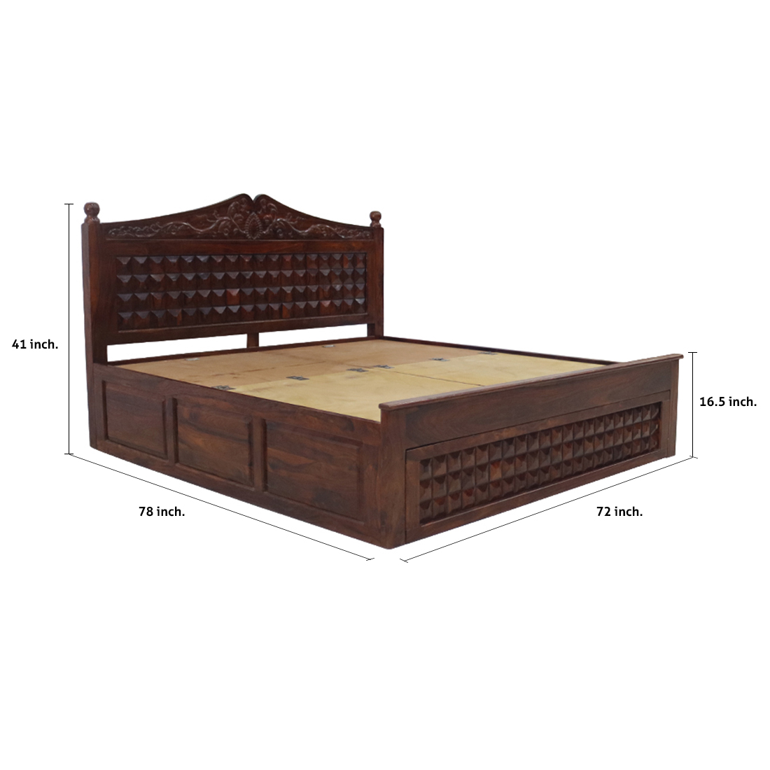 Queen Size Bed Teak Wood Finish - Carvin Head Box Pattam Box Storage