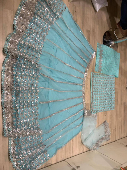 Sky Blue Foil Work Net Party Wear Lehenga Choli