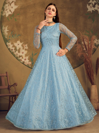 Sky Blue Metallic Foil Work Net Party Wear Gown