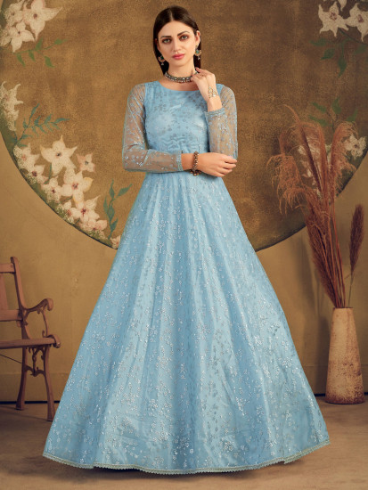 Sky Blue Metallic Foil Work Net Party Wear Gown