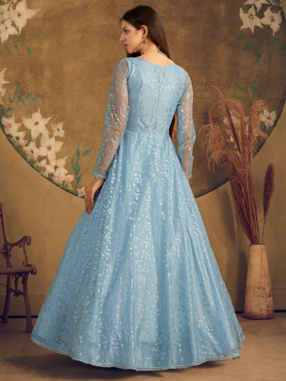 Sky Blue Metallic Foil Work Net Party Wear Gown