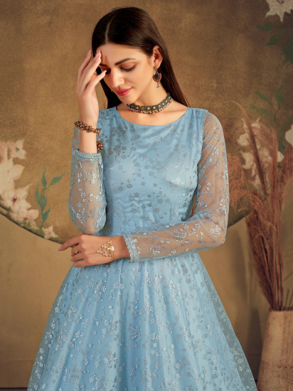 Sky Blue Metallic Foil Work Net Party Wear Gown