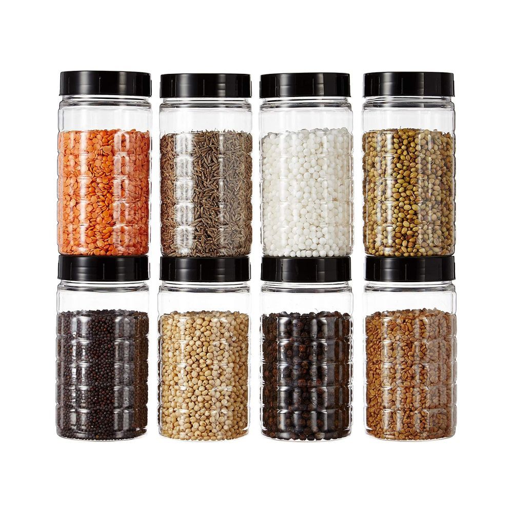 Solimo Spice Jar, 200 ml, Set of 8, Black, Plastic
