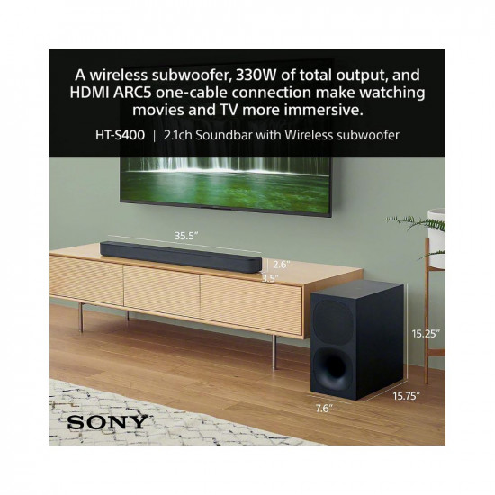 Sony HT-S400 2.1ch soundbar with Powerful Wireless subwoofer, S-Force PRO Front Surround Sound and Dolby Digital (330W, Wireless Connectivity, Bluetooth)