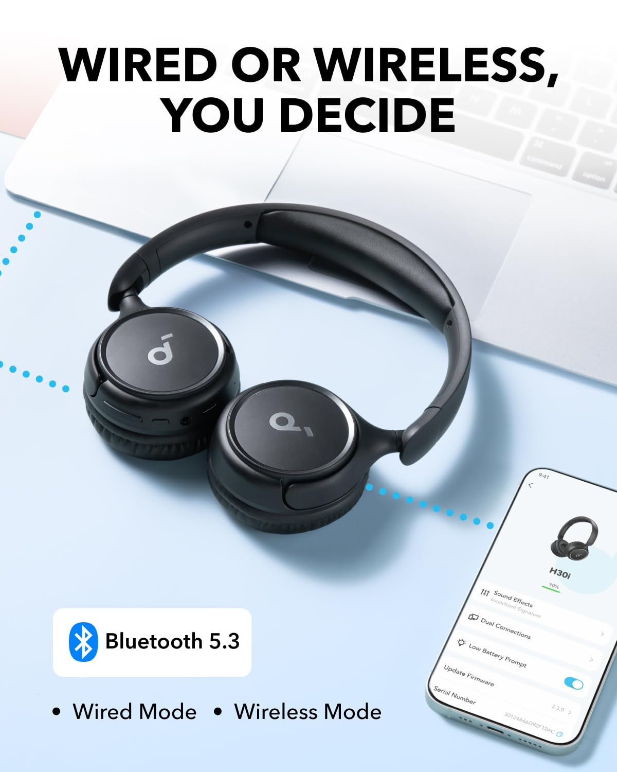 soundcore by Anker H30i Wireless On-Ear Headphones Foldable Design Pure Bass 70H Playtime Bluetooth 53 Lightweight and Comfortable App Connectivity Multipoint Connection Black