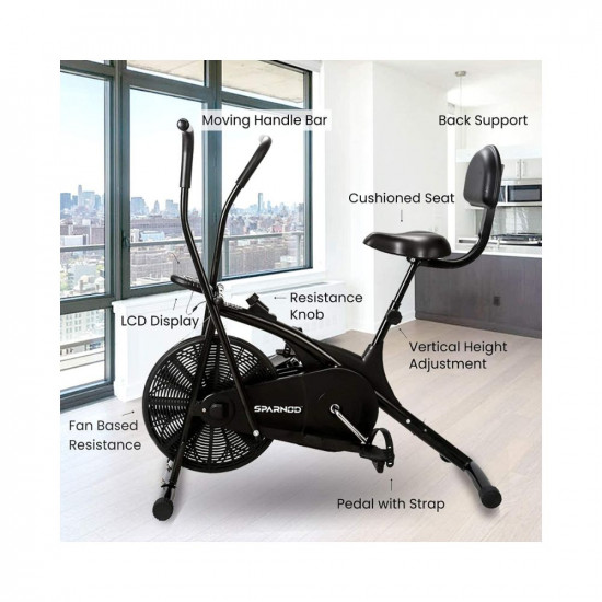 SPARNOD FITNESS SAB-05 Upright Air Bike Exercise Cycle for Home Gym - Dual Action for Full Body Workout - Adjustable Resistance, Height Adjustable seat with Back Rest (DIY Installation)