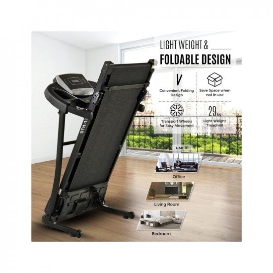 Sparnod Fitness STH-1200 Motorized Treadmill for Home Use - Easy Self Installation, 3 HP Peak, 12km/hr Max Speed, 100kg Max User Weight, 12 Preset Workouts, Manual Incline, Music Speakers
