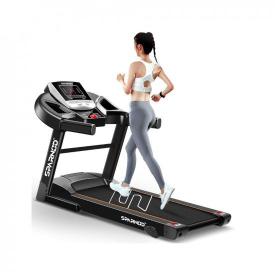 Sparnod Fitness STH-1200 Motorized Treadmill for Home Use - Easy Self Installation, 3 HP Peak, 12km/hr Max Speed, 100kg Max User Weight, 12 Preset Workouts, Manual Incline, Music Speakers