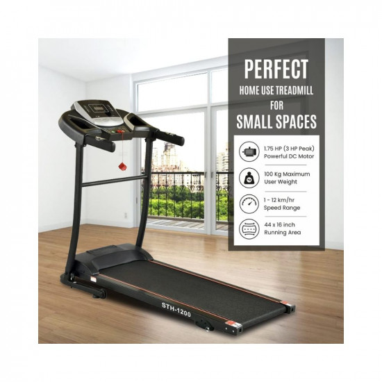 Sparnod Fitness STH-1200 Motorized Treadmill for Home Use - Easy Self Installation, 3 HP Peak, 12km/hr Max Speed, 100kg Max User Weight, 12 Preset Workouts, Manual Incline, Music Speakers
