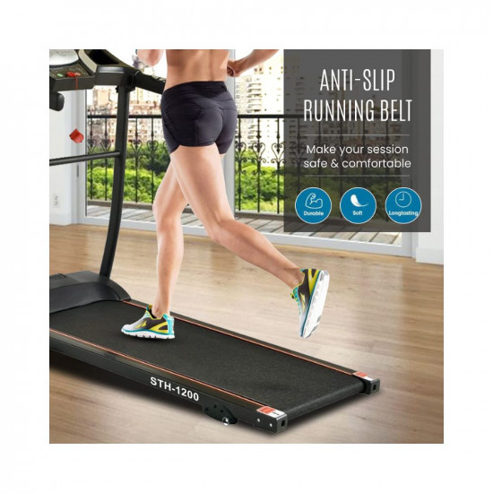 Sparnod Fitness STH-1200 Motorized Treadmill for Home Use - Easy Self Installation, 3 HP Peak, 12km/hr Max Speed, 100kg Max User Weight, 12 Preset Workouts, Manual Incline, Music Speakers