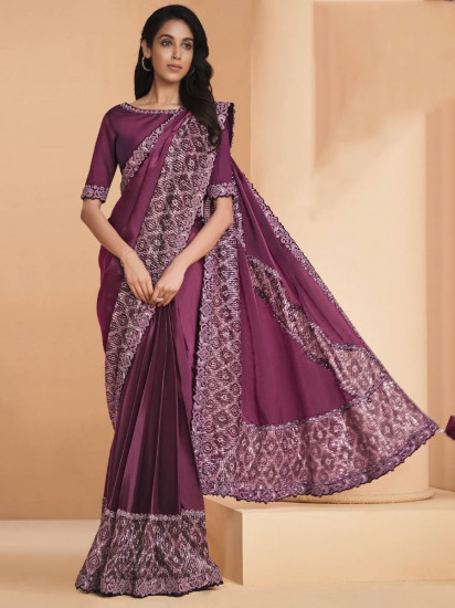 Spectacular Maroon Sequined Crepe Satin Party Wear Saree With Blouse(Un-Stitched)