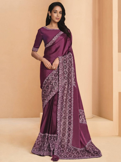Spectacular Maroon Sequined Crepe Satin Party Wear Saree With Blouse(Un-Stitched)