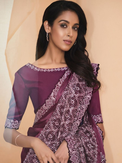 Spectacular Maroon Sequined Crepe Satin Party Wear Saree With Blouse(Un-Stitched)