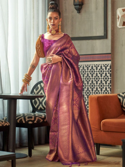 Spectacular Purple Heavy Zari Weaving Silk Reception Wear Saree(Un-Stitched)