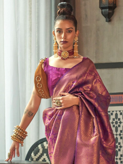 Spectacular Purple Heavy Zari Weaving Silk Reception Wear Saree(Un-Stitched)