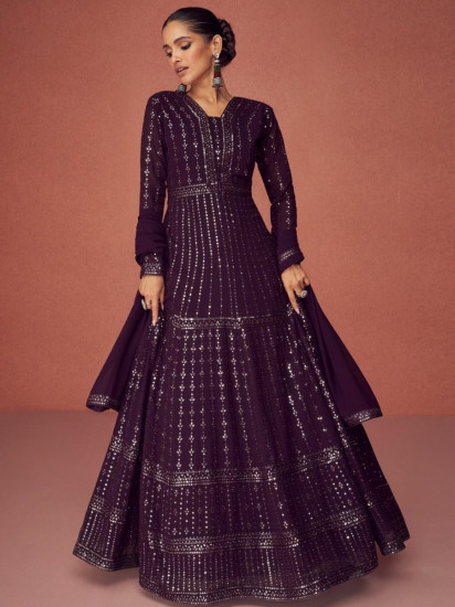 Spectacular Wine Thread Embroidery Georgette Anarkali Suit