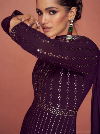Spectacular Wine Thread Embroidery Georgette Anarkali Suit