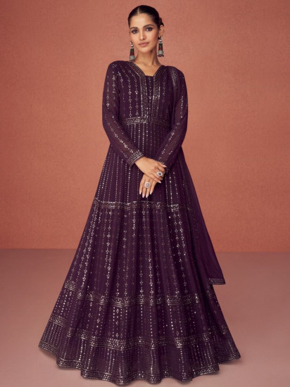 Spectacular Wine Thread Embroidery Georgette Anarkali Suit