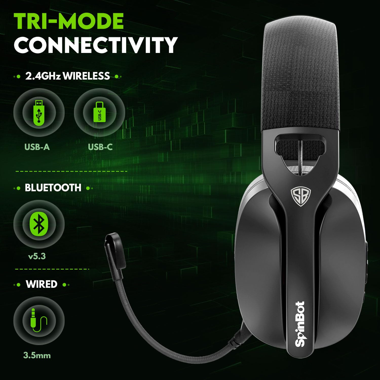 SpinBot Ranger HX500 Tri-Mode Wireless Gaming Headphones  Dual 24GHz  Bluetooth  Wired  28ms Ultra Latency  Detachable Boom Mic  25Hrs Play Time Black