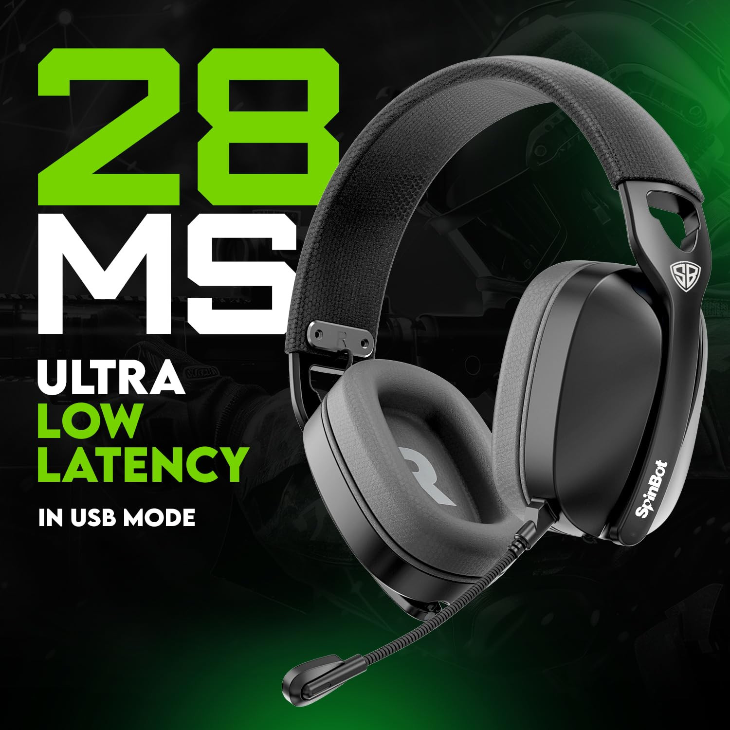 SpinBot Ranger HX500 Tri-Mode Wireless Gaming Headphones  Dual 24GHz  Bluetooth  Wired  28ms Ultra Latency  Detachable Boom Mic  25Hrs Play Time Black