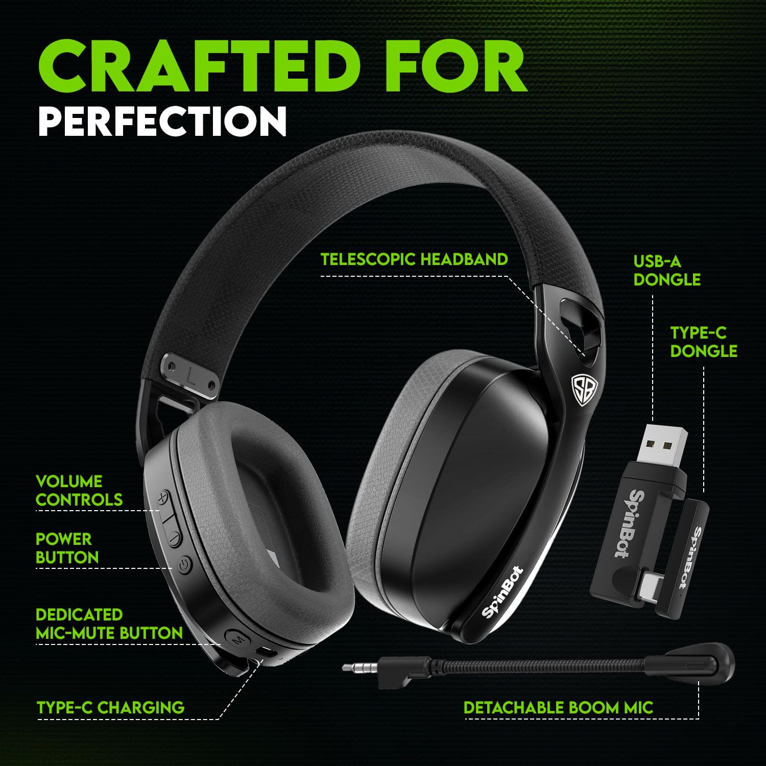 SpinBot Ranger HX500 Tri-Mode Wireless Gaming Headphones  Dual 24GHz  Bluetooth  Wired  28ms Ultra Latency  Detachable Boom Mic  25Hrs Play Time Black