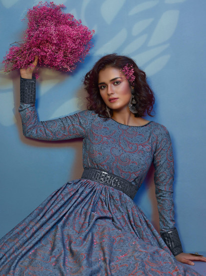Splendid Grey Digital Printed Crepe Festival Wear Gown