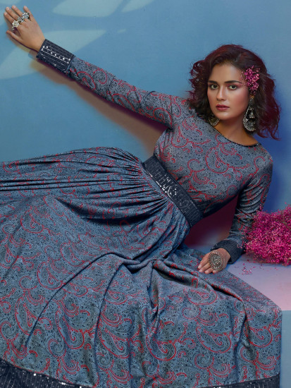 Splendid Grey Digital Printed Crepe Festival Wear Gown