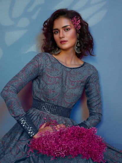 Splendid Grey Digital Printed Crepe Festival Wear Gown