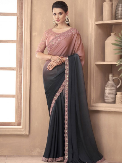 Splendid Grey Sequins border Satin Silk Party Wear Saree With Blouse