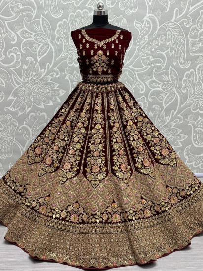 Splendid Maroon Fancy Embroidered Velvet Bridal Lehenga Choli
Semi Stitched