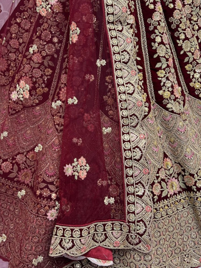 Splendid Maroon Fancy Embroidered Velvet Bridal Lehenga Choli
Semi Stitched