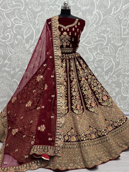 Splendid Maroon Fancy Embroidered Velvet Bridal Lehenga Choli
Semi Stitched