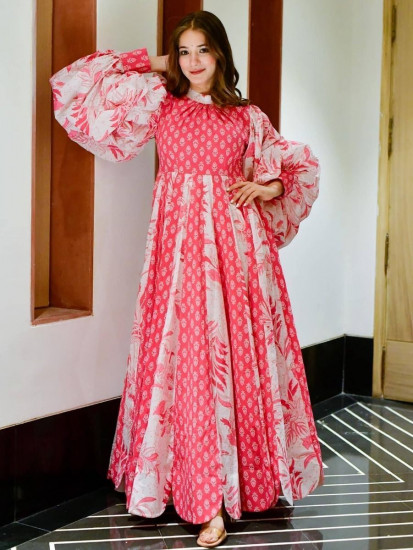 Splendid Pink Digital Printed Cotton Silk Readymade Anarkali Kurti