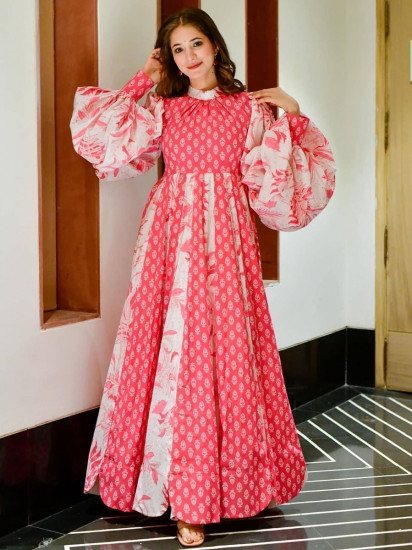 Splendid Pink Digital Printed Cotton Silk Readymade Anarkali Kurti