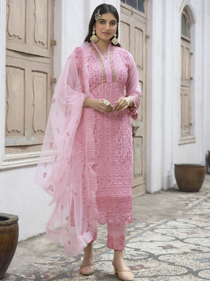 Splendid Pink Sequins Embroidered Georgette Salwar Suit
