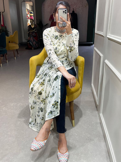 Splendid White Floral Print Chiffon Readymade Nayra-cut Kurti