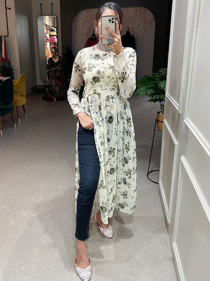 Splendid White Floral Print Chiffon Readymade Nayra-cut Kurti