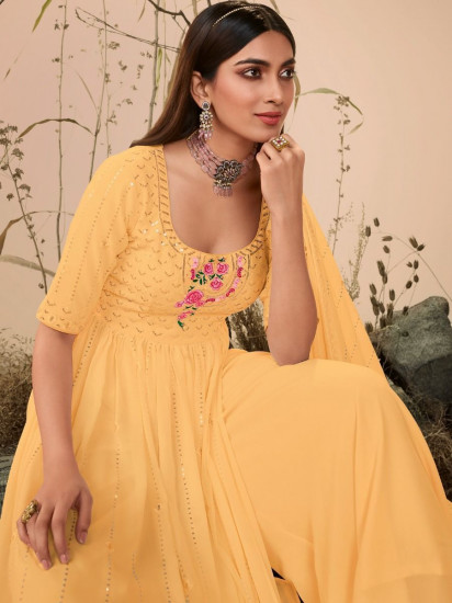 Splendid Yellow Embroidery georgette Party Wear Palazzo Suit