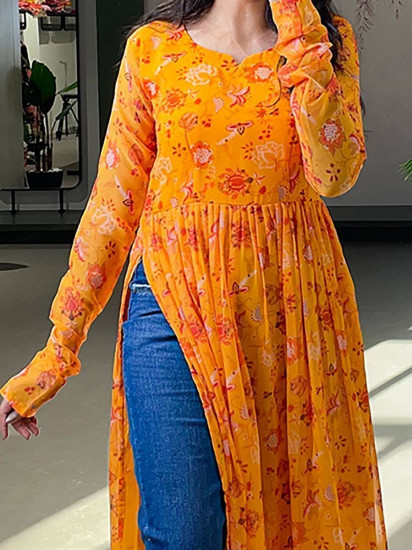 Spunky Orange Floral Printed Georgette Naira Cut Casual Kurti