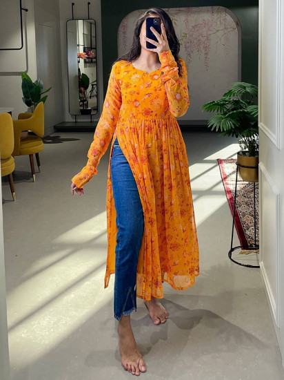 Spunky Orange Floral Printed Georgette Naira Cut Casual Kurti