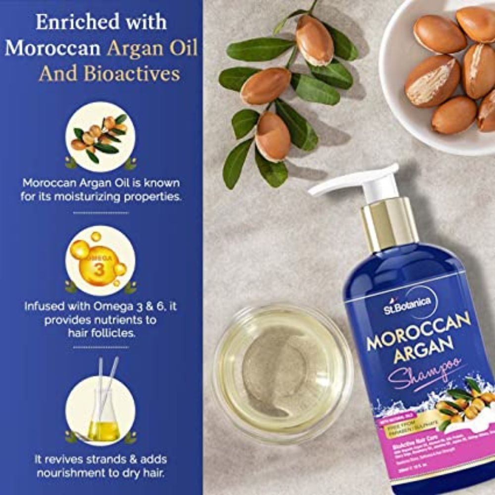 St.Botanica Moroccan Argan Shampoo 300ml, with Moroccan Argan Oil to Nourish Dull, Dry & Frizzy Hair | Helps Control Hair Fall & Promotes Hair Growth | Paraben & Sulphate Free | Vegan | Cruelty Free