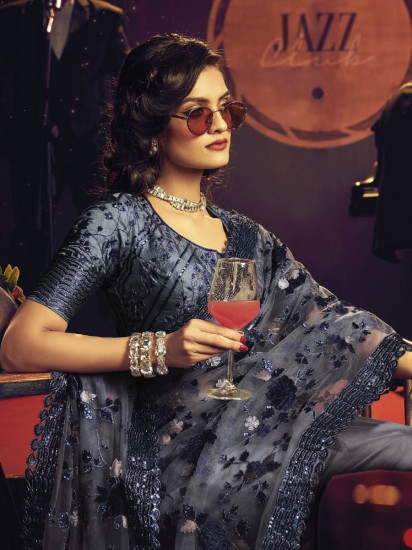 Stimulating Grey Sequined Digital Net Cocktail Party Saree With Blouse(Un-Stitched)