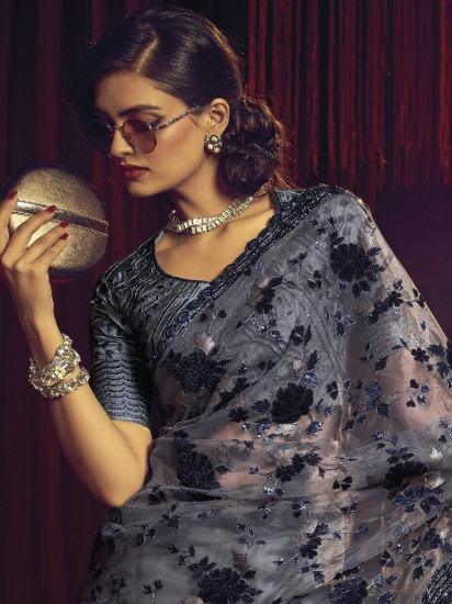 Stimulating Grey Sequined Digital Net Cocktail Party Saree With Blouse(Un-Stitched)