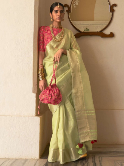 Striking Light Green Digital Printed Organza Saree With Blouse(Un-Stitched)