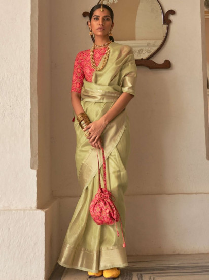 Striking Light Green Digital Printed Organza Saree With Blouse(Un-Stitched)